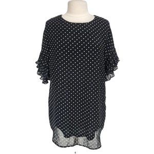 AKIRA Women Plus Size S Black Polka Dot Chiffon Tunic Blouse Ruffle Sleeve  270P